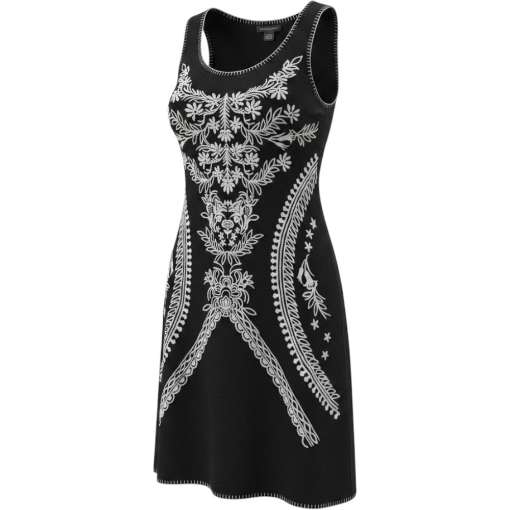 Chelsea‎ & Theodore Black White Embroidered Sleeveless Knit Shift Dress M